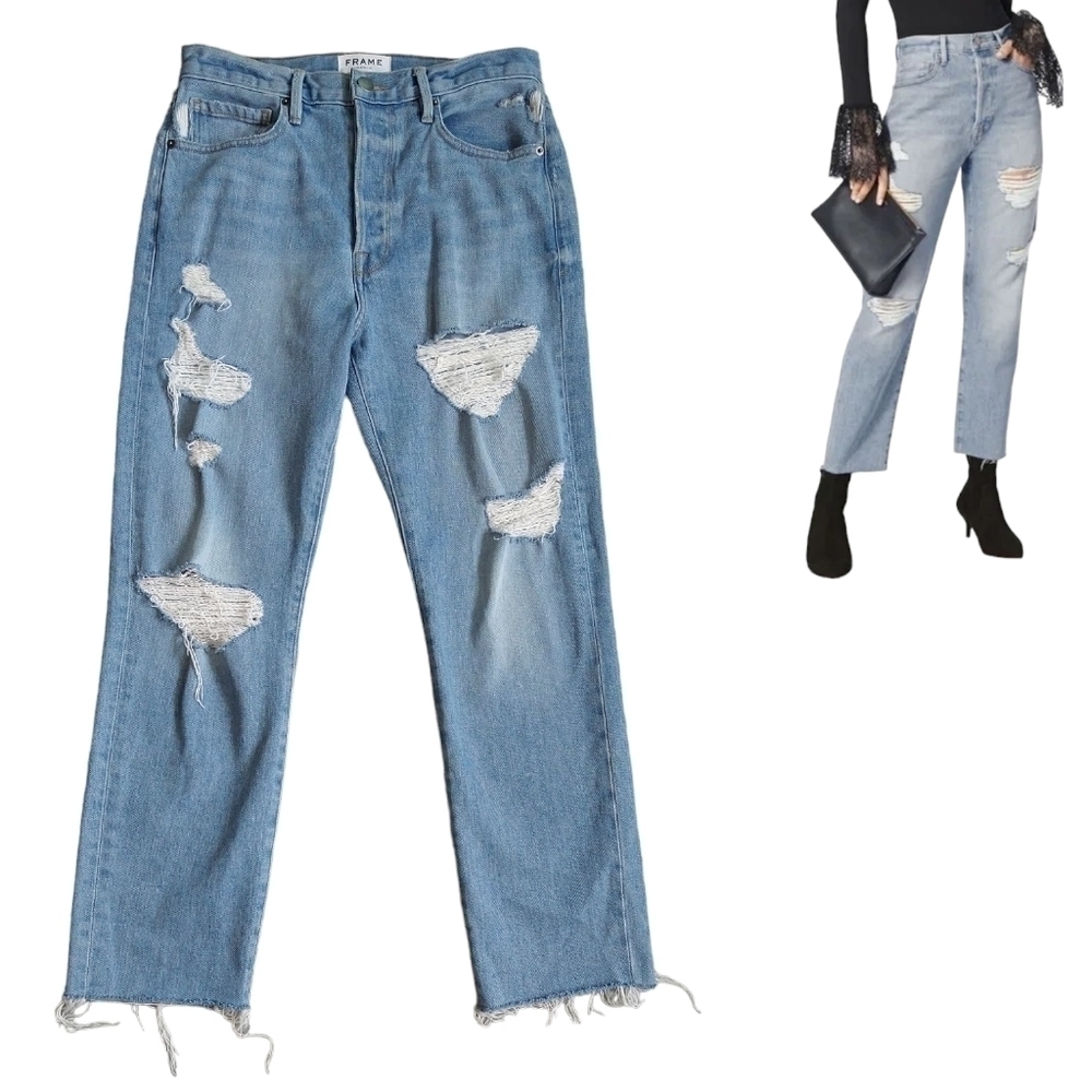 Frame Le Original Harrah Distressed High Rise Straight Leg Cropped Jeans